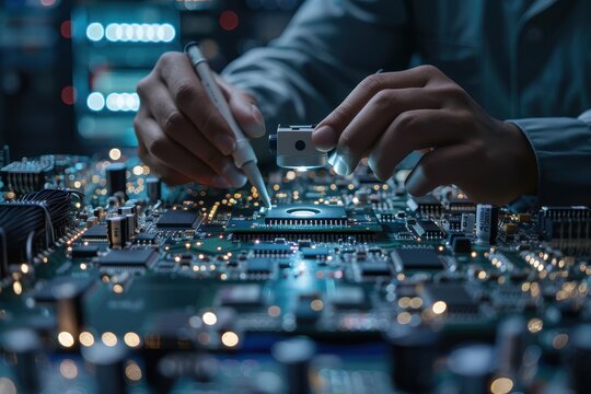 A close-up of a technician using precision tools to work on a complex circuit board, highlighting the intricacies of electronic engineering.