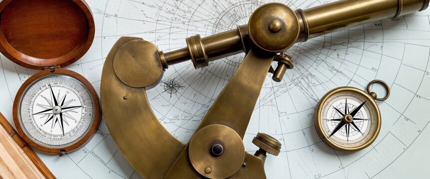 Antique brass sextant on a nautical chart, perfect for maritime exploration