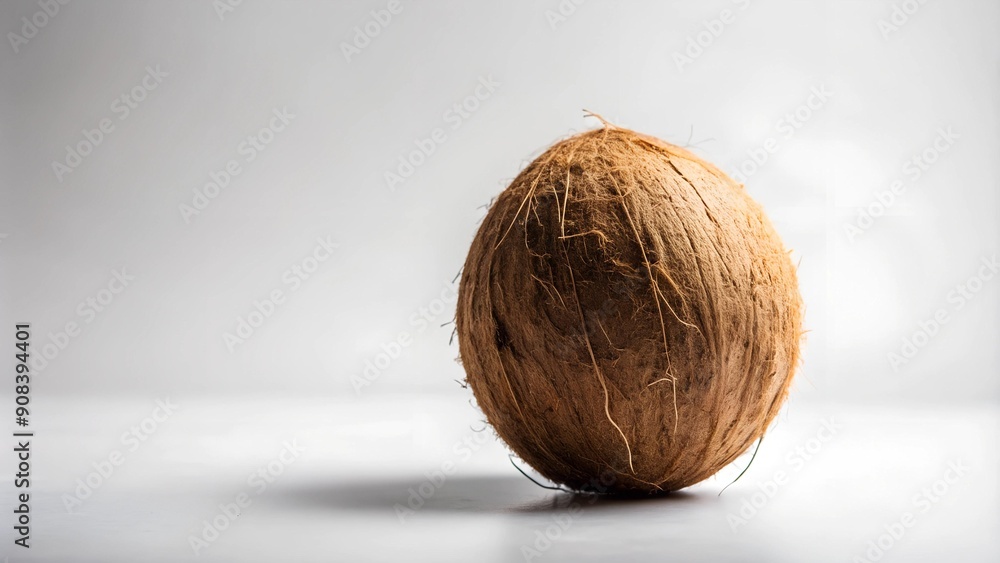 Poster a single coconut, perfectly centered on a pristine white background generative ai