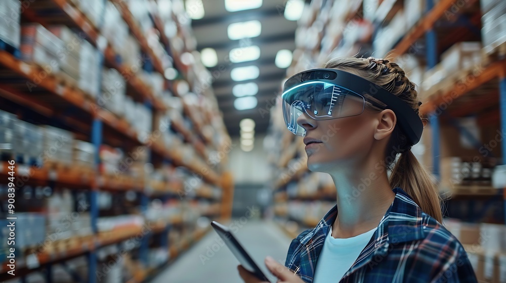 Aufkleber Industry 40 Modern Warehouse Female Engineer in Empty Warehouse Uses Digital Tablet Computer with Augmented Reality Software for Future Factory or Warehouse Layout Concept Shot of Augm : Generative AI