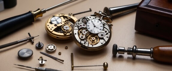 An antique pocket watch disassembled on a watchmaker's desk, showcasing craftsmanship