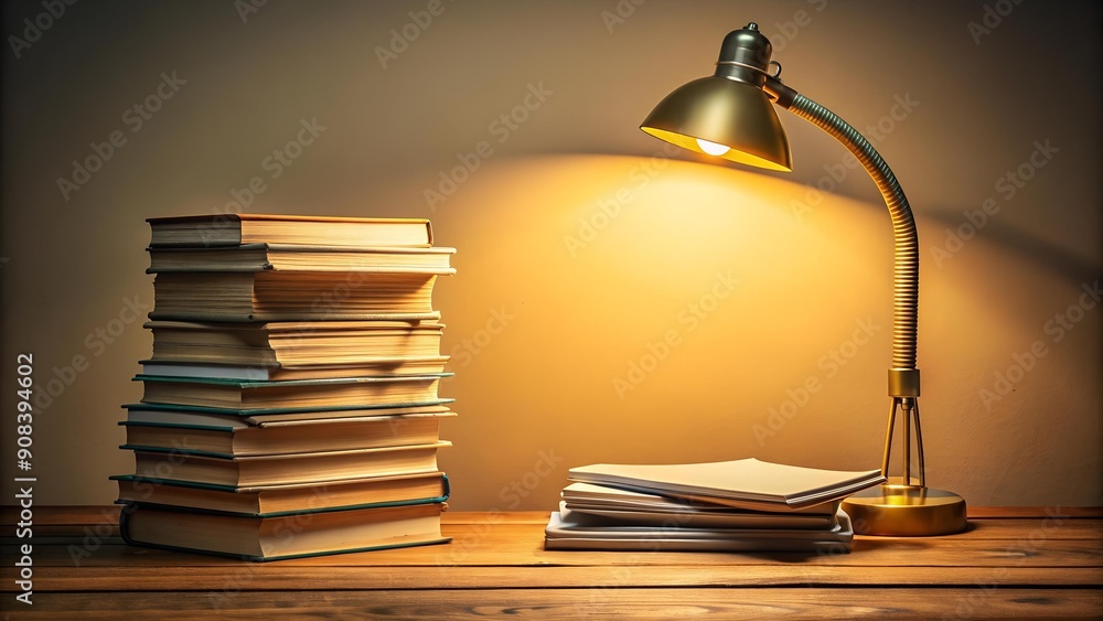 Poster a stack of textbooks and papers on a desk under the glow of a lamp generative ai