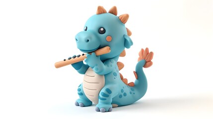 Obraz premium Adorable Pastel Clay Dragon Playing Flute on Isolated White Background