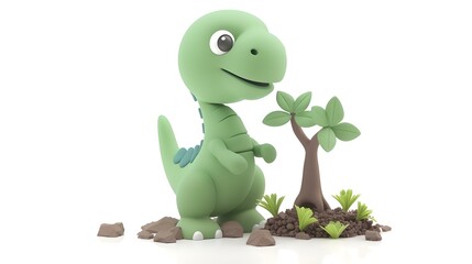 Fototapeta premium Adorable Clay Dinosaur Planting Tree in Pastel 3D Kawaii Style