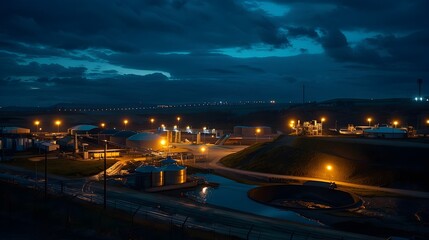 Nighttime Landfill Biogas Plant Illuminating the Urban Landscape