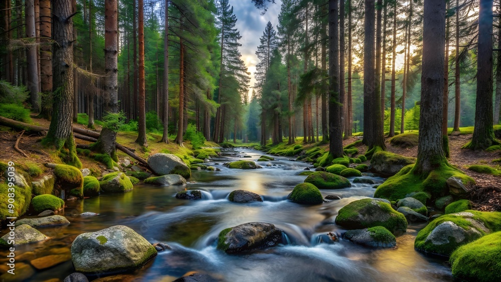 Poster whispers of the ancient pines: a serene forest stream generative ai