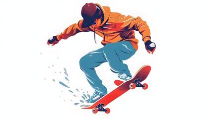 Fototapeta premium Minimalist Skateboarder Performing Trick on White Background