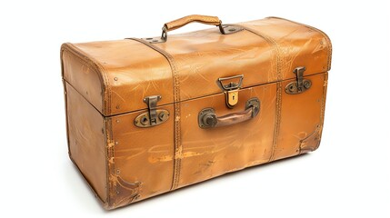 A vintage brown leather suitcase on a white background.