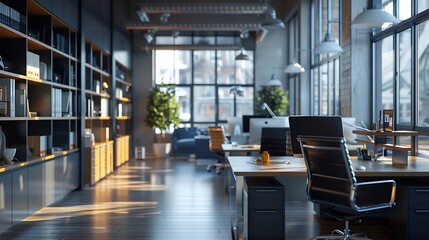 Interior of modern office with desks and shelf unit : Generative AI