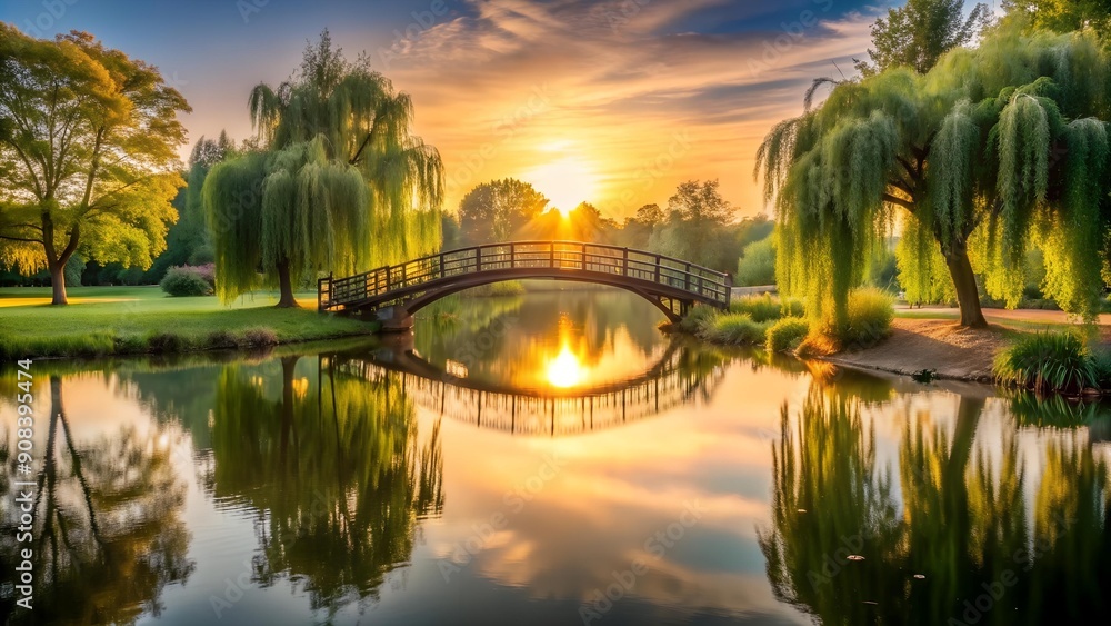 Poster golden hour reflection: a serene sunrise over a tranquil pond with weeping willow trees and a charmi