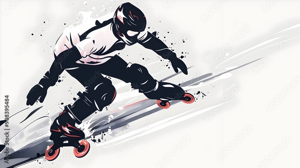 Poster minimalist of a rollerblader skating on white background