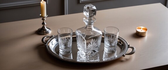 Elegant crystal decanter and glasses on silver tray with a candle, perfect for gatherings
