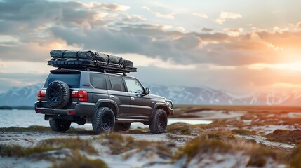 Black luxury SUV with Luggage box mounted on the roof Adventure on the road Roof box for car extra capacity in action : Generative AI