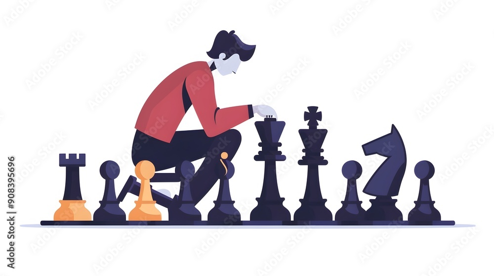 Poster minimalist chess player making a move on white background