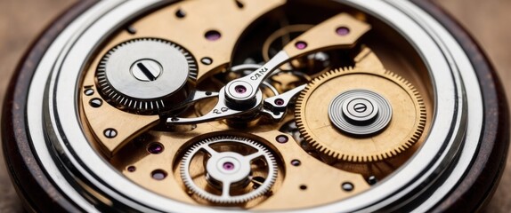 Intricate pocket watch mechanism, showcasing detailed craftsmanship and elegance