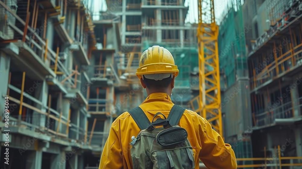 Aufkleber Man checking work process on construction site working : Generative AI