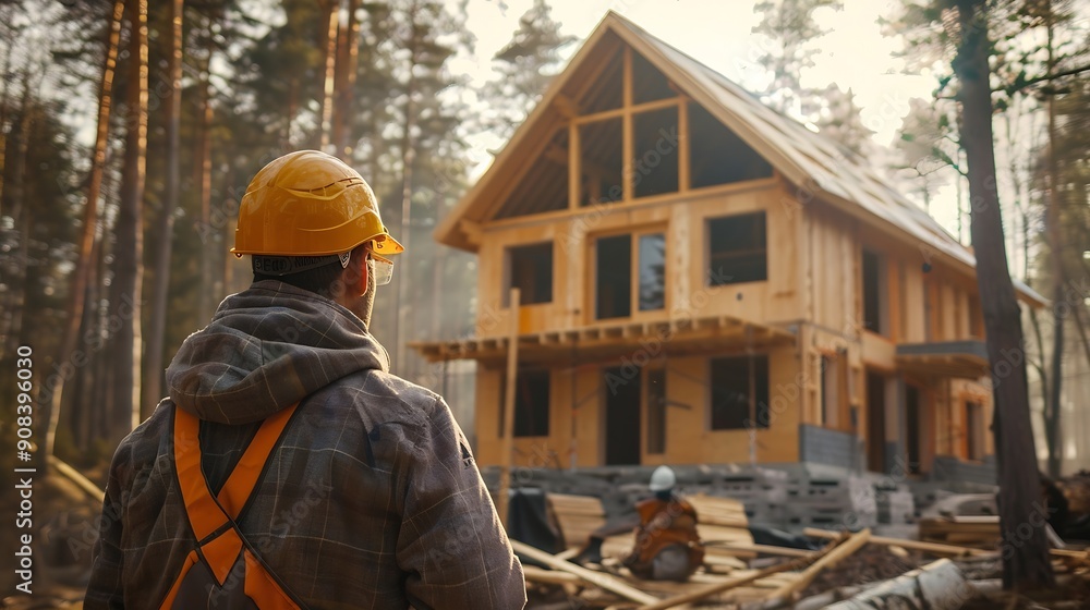 Poster worker building wooden twostory house near the forest man in work clothes and hard hat reviewing the