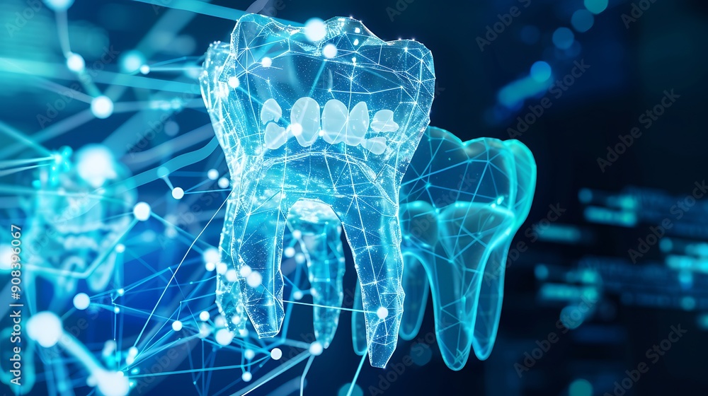 Poster close up of a digital 3d model of a tooth rendered in a blue and white color scheme with a network o