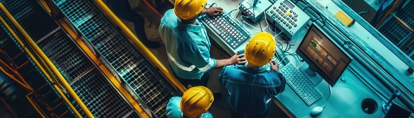 Closeup of employees in a nuclear facility during safety protocol training, top view, emphasizing rigorous training, cybernetic tone, Complementary Color Scheme