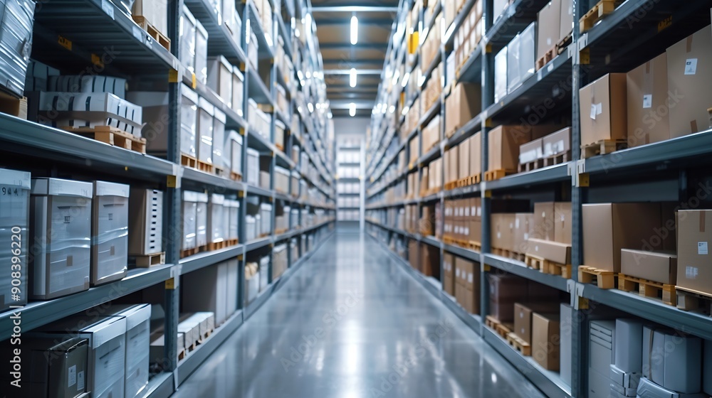 Poster rows of shelves with boxes in the factory warehouse a perfectly white clean warehouse smooth boxes s