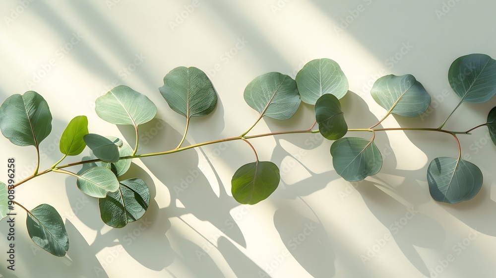 Poster green eucalyptus branch with shadows on empty light grey background backdrop for natural product pre