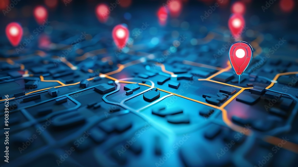Poster 3d rendering of a city map with red location pins indicating different points of interest.