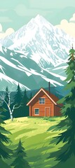 Fototapeta premium A serene landscape featuring a cozy cabin nestled among forested hills under a clear blue sky. The scene exudes tranquility and natural beauty, perfect for a peaceful retreat.