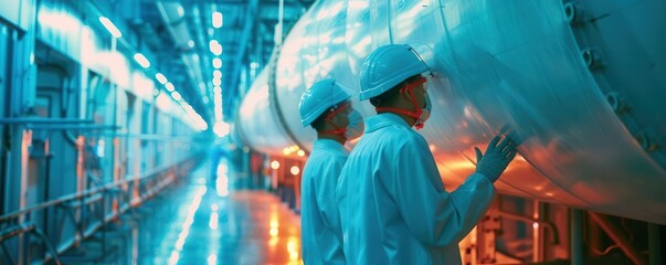 Employees undergoing safety protocol training in a nuclear plant, side view, highlighting adherence to regulations, futuristic tone, Complementary Color Scheme