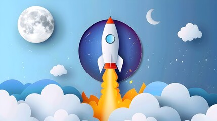 Naklejka premium Minimalist Paper Cut Rocket Blasting Off on White Background