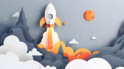 Minimalist Paper Cut Rocket Spacecraft Blasting Off from White Background