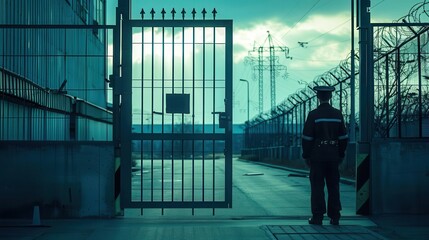 Guard standing at the entrance gate of a nuclear facility, side view, illustrating stringent security, digital tone, Analogous Color Scheme