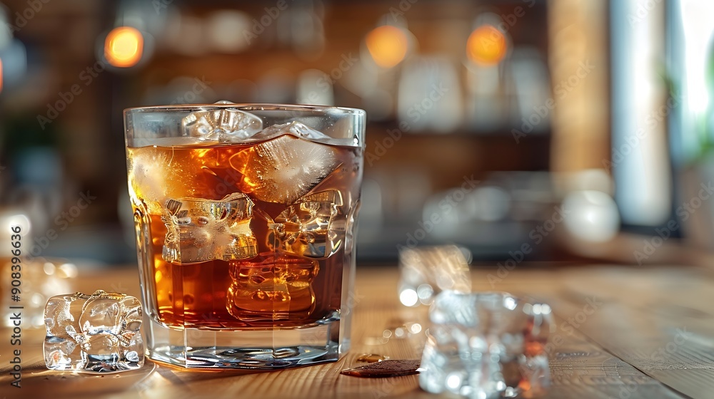 Poster iced coffee with ice cubes in a glass on the table : generative ai