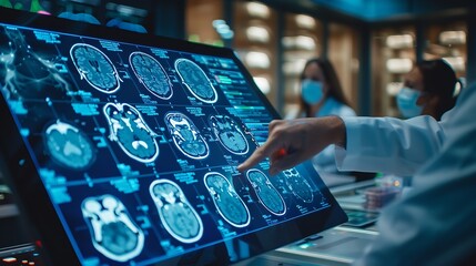 Hospital Medical Research Center Focus On Hand Gestures Of Diverse Colleagues Gathered Around Interactive Touch Screen Table With MRI Scans Of Brain On Display Doctors Looking For Alzh : Generative AI