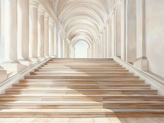 Fototapeta premium A serene staircase with elegant columns and soft lighting, creating a peaceful and inviting atmosphere.