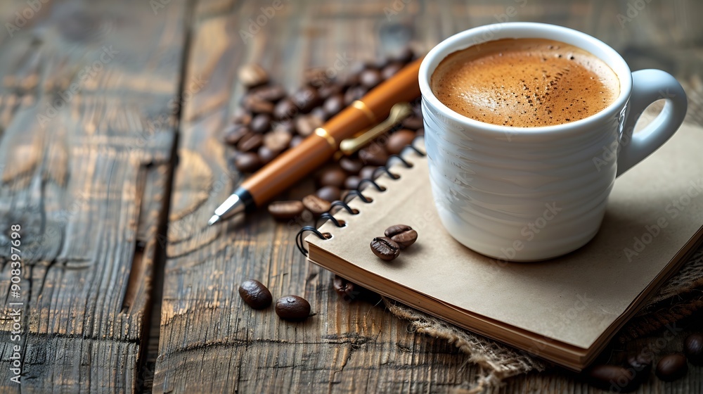 Leinwandbilder cup of coffee with notepad and brown pen on wooden table top view copy space : generative ai