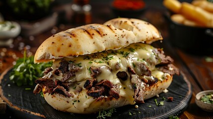 Barros Luco sandwich popular in Chile beef with melted cheese on black table and wooden board with copy space concept of typical Chilean food : Generative AI