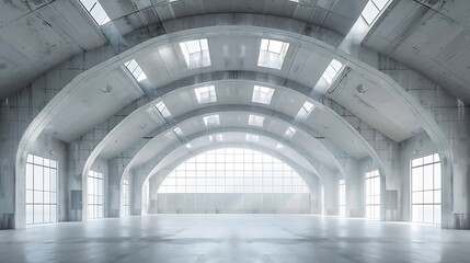 Huge empty industrial warehouse building White interior Hemispherical reinforced concrete load bearing roof with windows Unique architecture : Generative AI