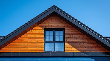 Obraz premium Wooden plank gabled roof on a new modern house with window copy space : Generative AI