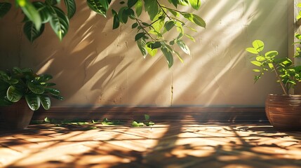 Room interior empty space background mock up sunlight and shadows room walls cozy summer warm room with sunlight and leafs shadows and wooden blank parquet floor : Generative AI