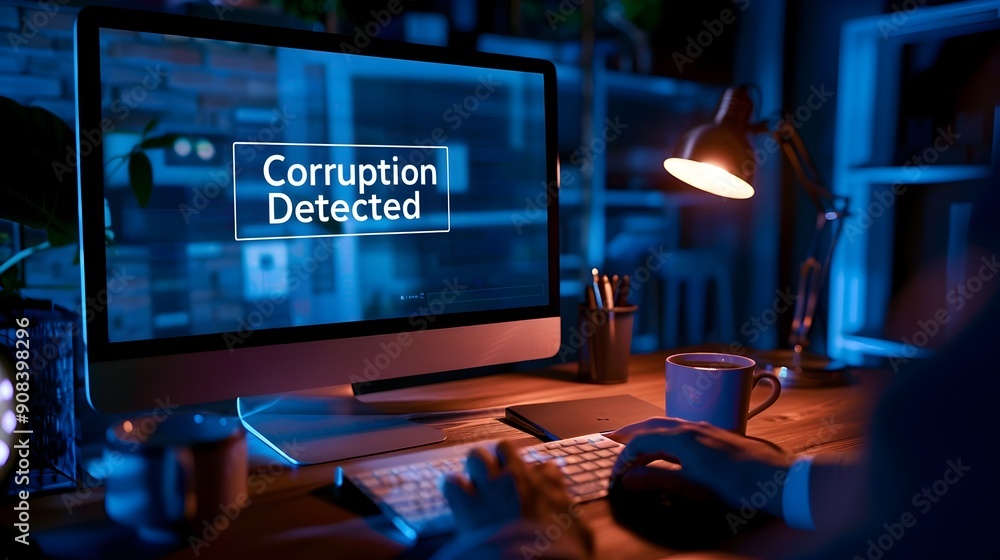 Aufkleber corruption alert on computer screen signaling digital vigilance and cybersecurity concerns