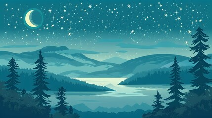 Obraz premium A serene night landscape with a full moon, stars, mountains, trees, and a reflective lake. The tranquil scene captures the beauty of nature under the night sky.