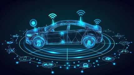In the Future hybrid car, car connects graphic icon control system traffic information,  global network connection,