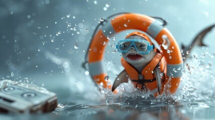 Mischievous shark jumping through a hoop in neon life vest.