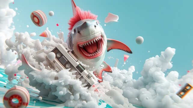 Playful shark riding a cassette tape surfboard in neon outfit.