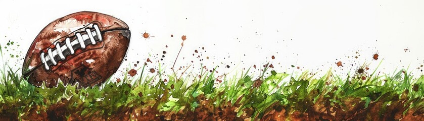 A football is on a grassy field with a splash of color