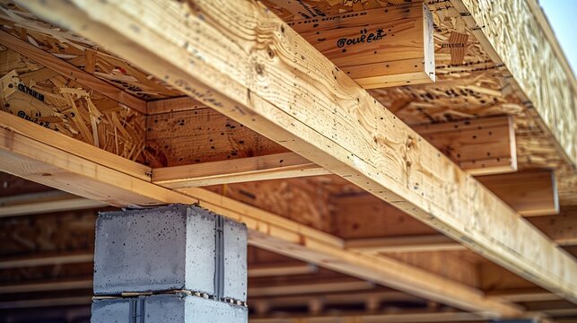 An under construction house has joist framework features plywood gutter holders soffit fascia trim installed : Generative AI