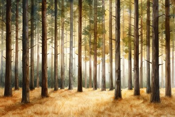 Fototapeta premium A serene forest scene bathed in warm light, showcasing tall trees and golden grass, perfect for nature and tranquility themes.