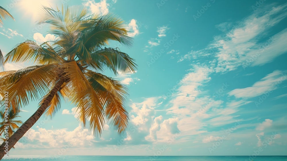 Poster palm tree on tropical beach with blue sky and white clouds abstract background copy space of summer 