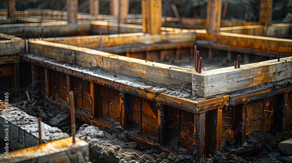 Poster large reinforced concrete structures at the construction site preparation for the installation of re