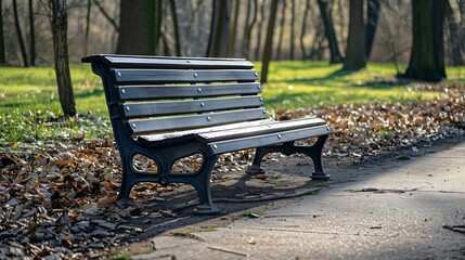 Single empty park bench on concrete slab Early spring No people : Generative AI